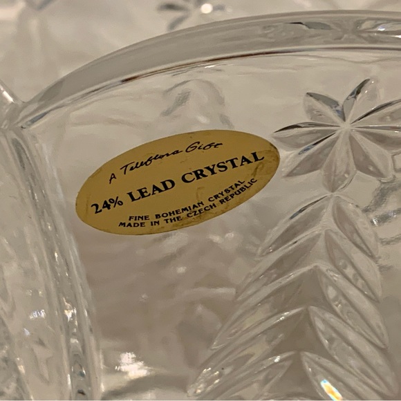 Lead Crystal Holiday Ice Bucket Bowl Winter Evergreen Tree  Stars Etched Czech - Picture 8 of 11